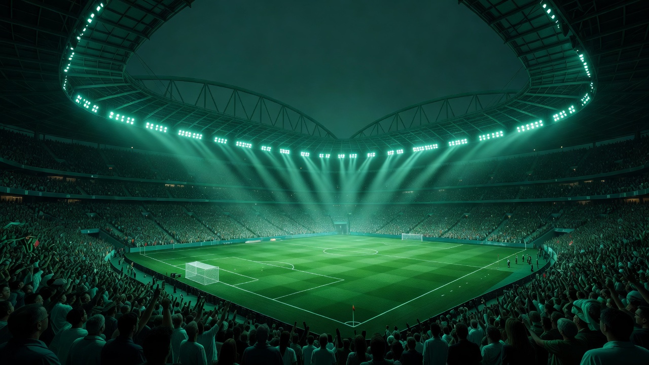 Stadium roof floodlights glowing over the pitch on a European final night, in jade duotone