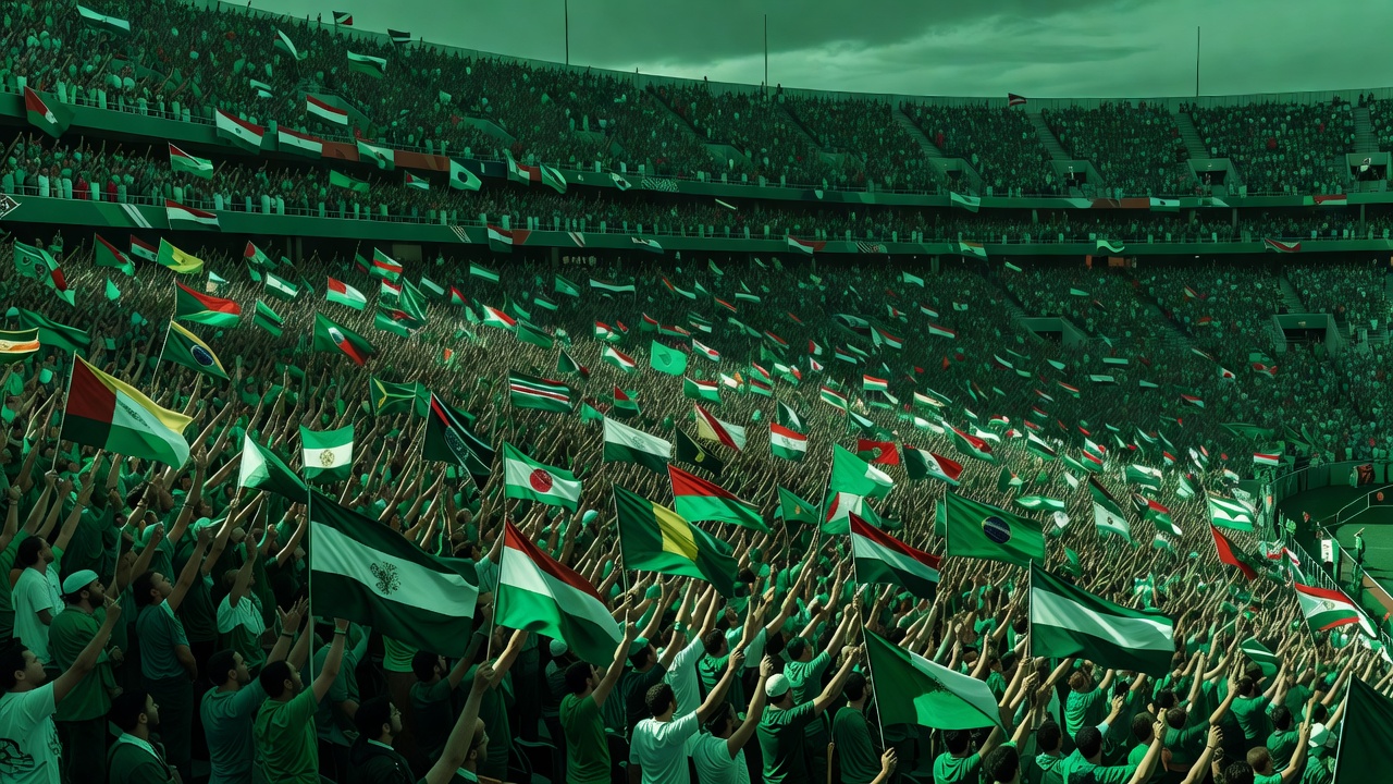 Packed World Cup stadium crowd waving flags before kick-off, in jade duotone